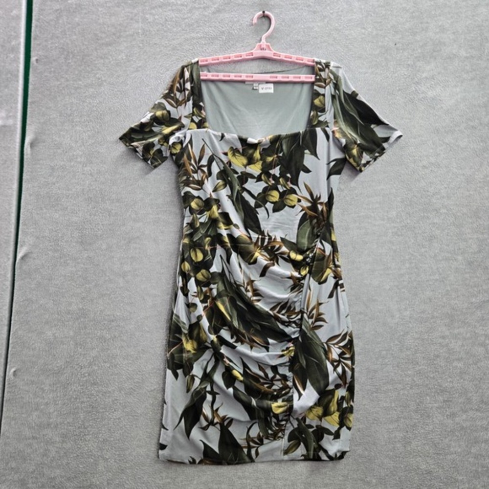 Guess Women Dress‎ XL Green Marisol Mini Tropical Garden Print Ruched